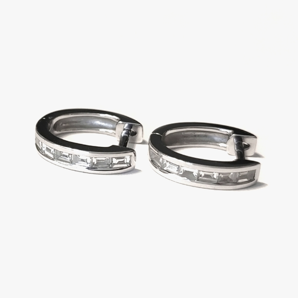 Saks 14K White Gold Diamond Baguette Huggie Hoop Earrings
